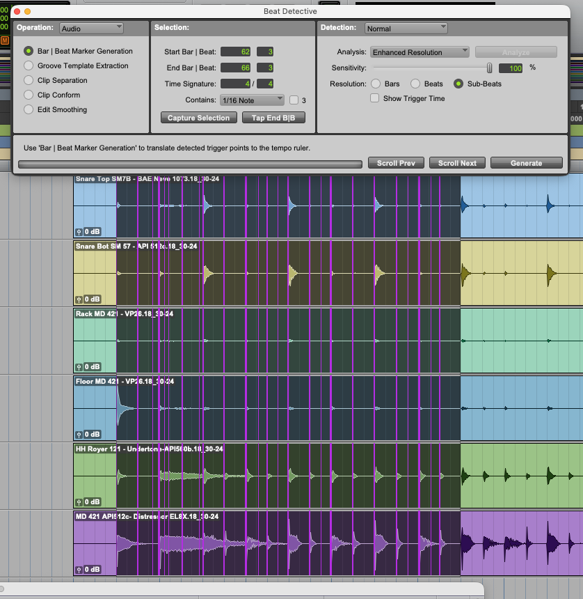Beat Detective dialog in Pro Tools with sensitivity at 100 percent, showing multiple drum tracks being sliced at sub-beat resolution.